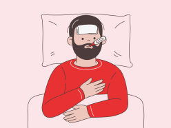 Illustration eines Mannes im Bett mit Fieberthermometer im Mund
